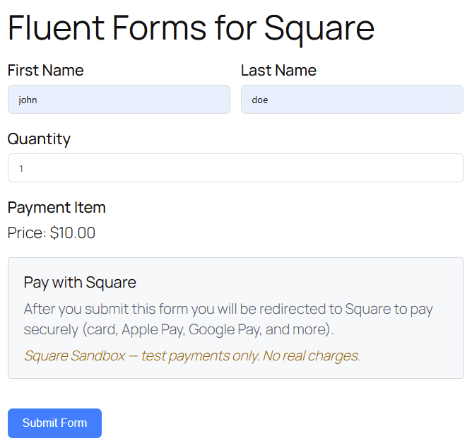 Fluent Forms frontend — Pay with Square on the live form (Sandbox test mode)