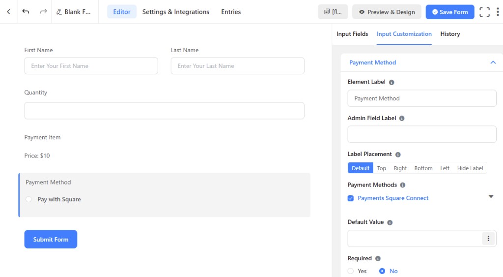 Fluent Forms editor — Payment Method field with Payments Square Connect enabled