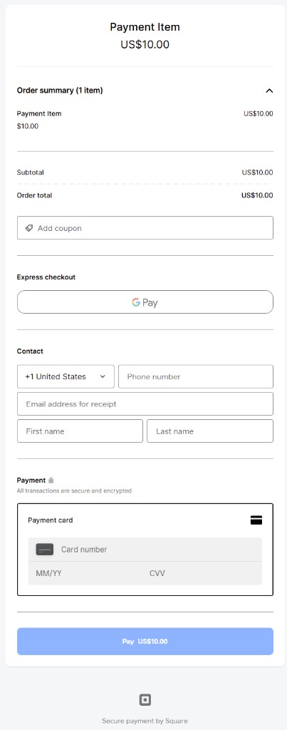 Square Hosted Checkout after Fluent Forms submit — Payment Item and total on checkout.square.site