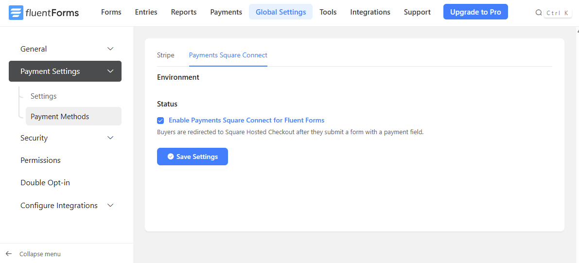 Fluent Forms Global Settings — enable Payments Square Connect under Payment Methods