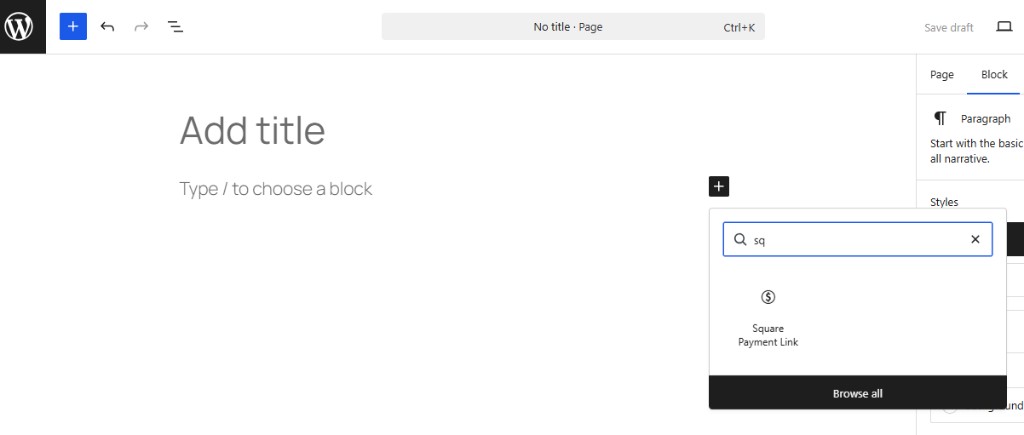 Gutenberg block inserter — search for Square Payment Link