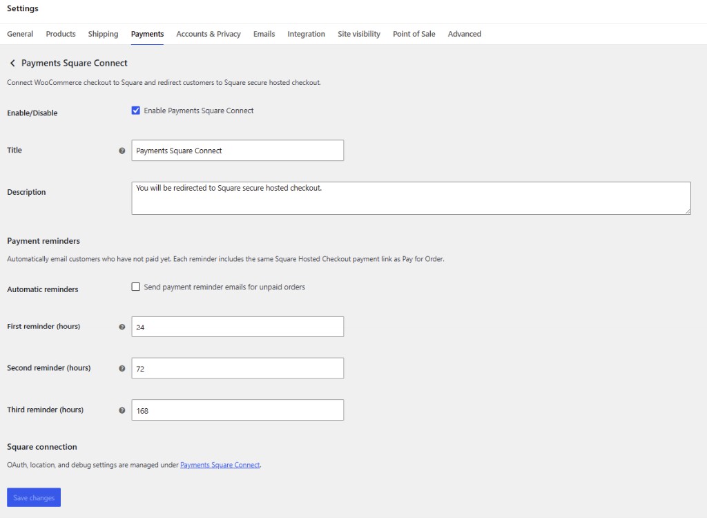 WooCommerce gateway settings — Payment reminders toggle and reminder intervals (24, 72, 168 hours)