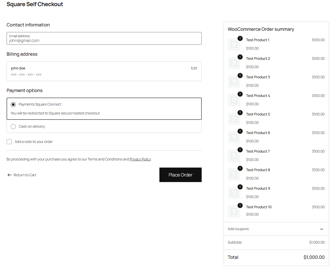 WooCommerce checkout with Payments Square Connect selected — customer is redirected to Square Hosted Checkout