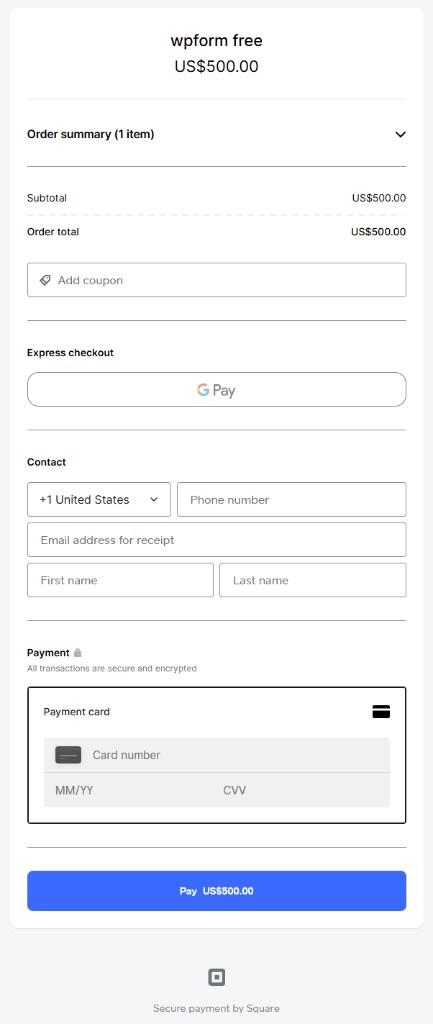Square Hosted Checkout after WPForms submit — order total and payment options on checkout.square.site