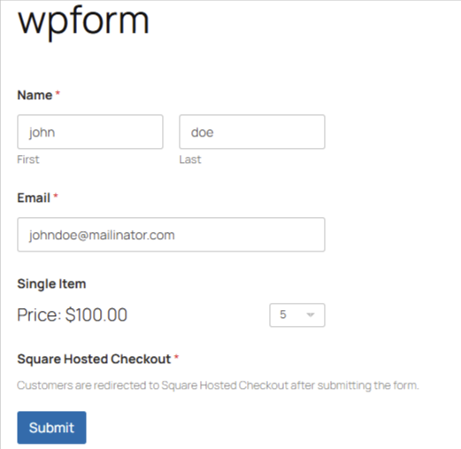 WPForms frontend — live form with Name, Email, Single Item, and Square Hosted Checkout