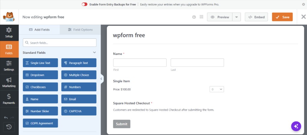 WPForms editor — Square Hosted Checkout field on the form